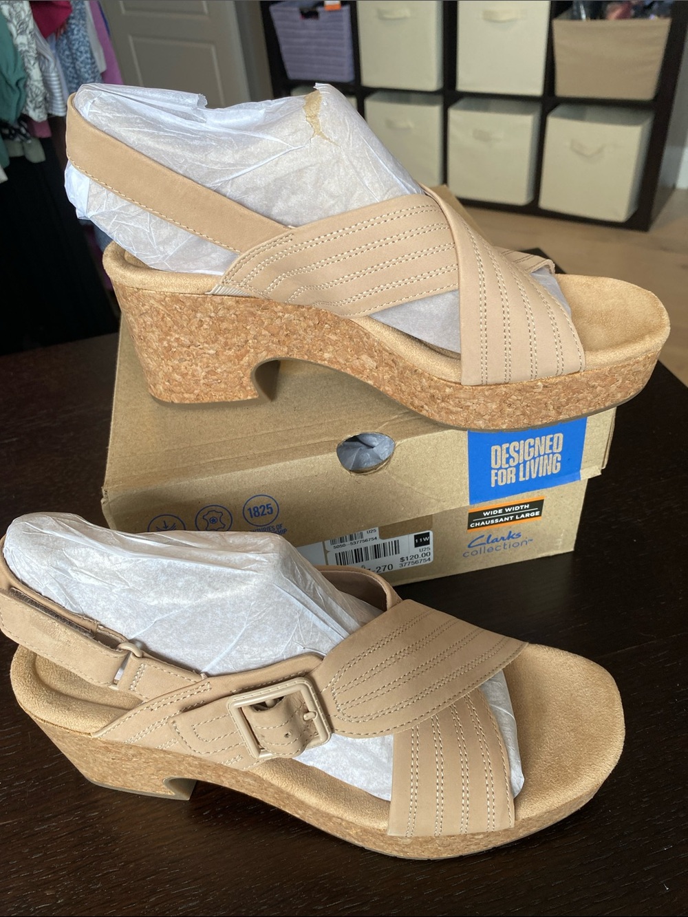 Clarks Women's Tan Cork Platform Slingback Sandals new in box wide width!
